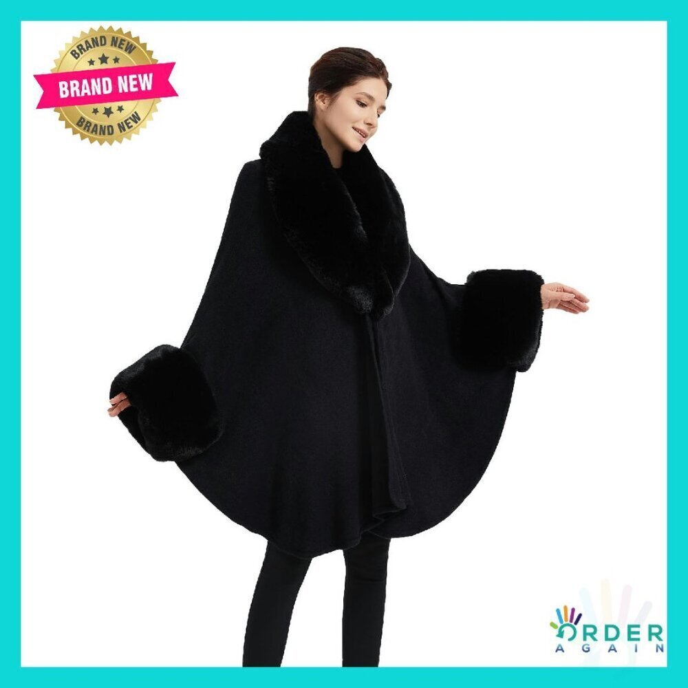 Faux Fur Trim Cape Poncho Elegant Winter Shawl Wrap Sleeveless Cardigan Cloak